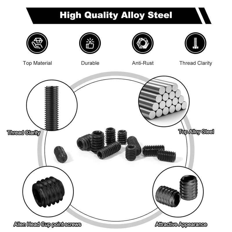 HanTof 240 Pcs 22 Sizes Black Set Screw Assortment Kit, SAE Allen Head Grub Screws for Bathroom Fixture, Grade 12.9 Alloy Steel Internal Hex Drive Cup-Point for Door Knob, Faucets (#4-40 to 1/4"-20) - Image 5